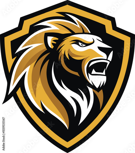 Majestic Lion Crest: A fierce lion's head, roaring within a golden shield, symbolizes strength, power, and leadership. Perfect for sports teams, brands, and logos seeking a bold and majestic emblem.  photo