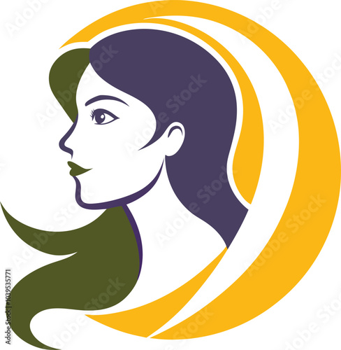 Feminine Strength: A woman's profile is captured in a bold, minimalist style. The outline of her face, long hair, and flowing lines evoke a sense of elegance and empowerment.  The use of bright.