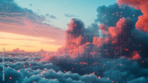 Digital cloud and data overlays on a sky background, symbolizing ai-powered weather prediction and climate modeling. photo