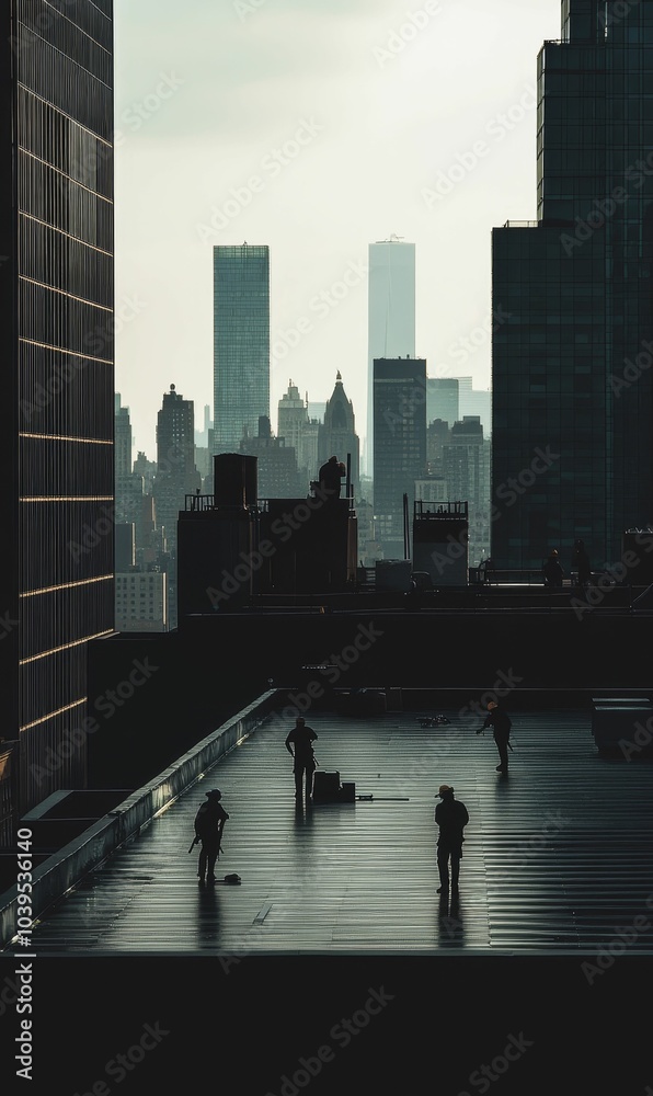 Obraz premium Silhouetted figures stand on rooftop overlooking city.