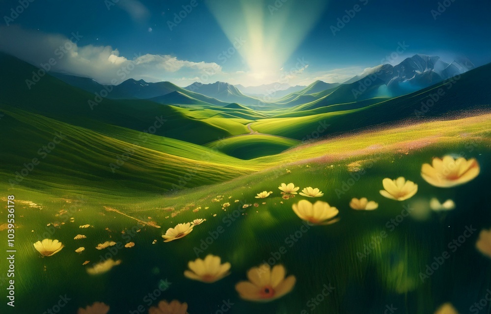 Rolling green hills, a winding road, and a field of yellow flowers reach towards a bright, blue sky. Rolling green hills, a winding road, and a field of yellow flowers reach towards a bright, blue sky.