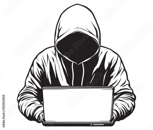 Computer hacker with laptop icon vector illustration silhouette. Hacker working on laptop. Hacker silhouette icon