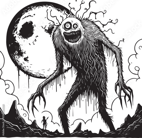 A drawing of a creepy creature with a moon in the background whirt