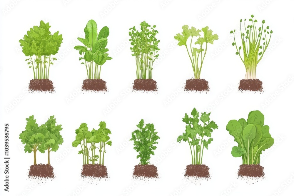 Obraz premium Fresh vegetable garden seedlings growing in soil featuring a variety of herbs and leafy greens in different stages of growth perfect for agricultural and eco friendly gardening concepts