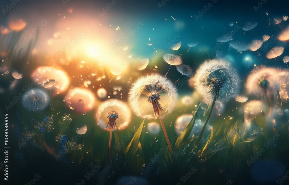 Fototapeta premium Dandelion seeds floating in the air against a warm sunset background.