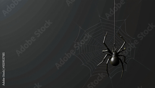 A black spider hangs from a thread in front of a web, set against a dark background. The eerie setting evokes Halloween themes and creepy atmospheres. photo