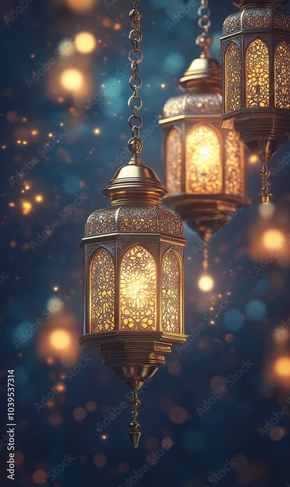 Ornate lanterns glowing in the dark. Ornate lanterns glowing in the dark.
