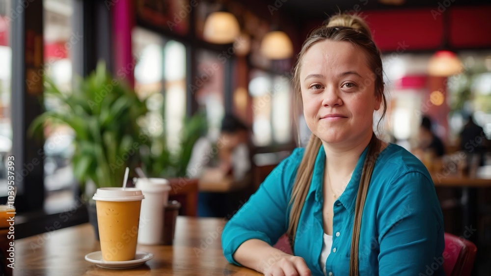 Confident Down Syndrome Woman Cafe Portrait Macro Photography Confident Down Syndrome Woman Cafe Portrait Macro Photography