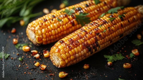 Delicious Roasted Corn on the Cob Served on a Stylish Black Textured Surface Perfect for Culinary Promotions and Food Blogs photo