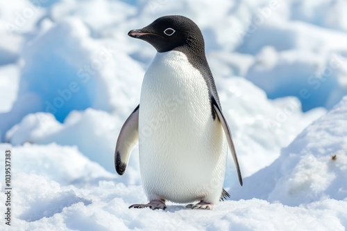 An Adélie penguin stands gracefully on an Antarctic ice field, embodying the resilience and adaptation of wildlife in extreme, pristine environments. photo