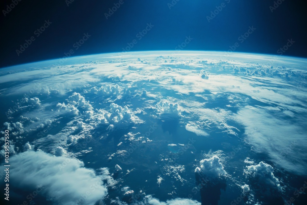 Fototapeta premium An awe-inspiring capture of majestic clouds floating beneath the Earth's beautifully curved horizon, highlighted by deep blues and atmospheric light.