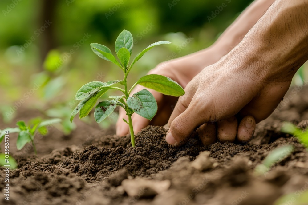 Two hands carefully plant a small green seedling into rich, brown soil, symbolizing growth, nurturing, and care for the environment in a serene setting. Two hands carefully plant a small green seedling into rich, brown soil, symbolizing growth, nurturing, and care for the environment in a serene setting.