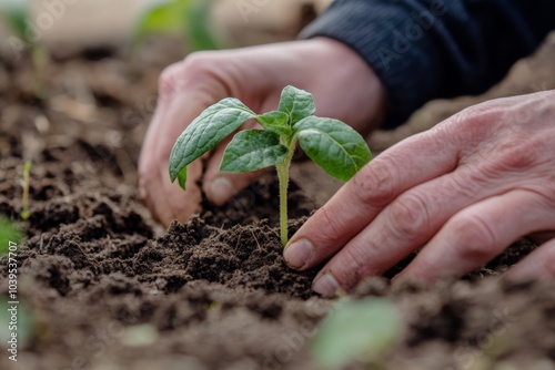 Detailed image focusing on hands carefully placing a small sprout in rich, dark soil, representing themes of life, growth, and the bond between humans and nature. photo