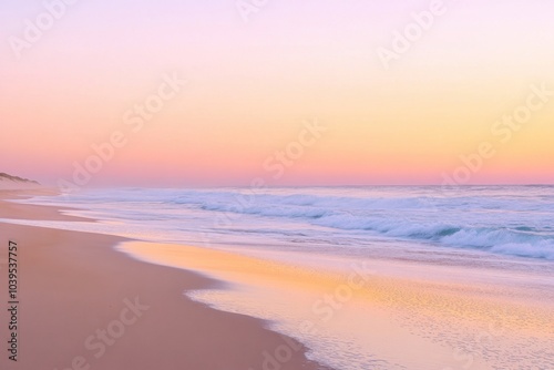 A serene sunrise on a deserted beach, with golden sands stretching into the horizon, gentle waves lapping the shore, and the first light of day painting the sky in hues of pink, orange, and purple