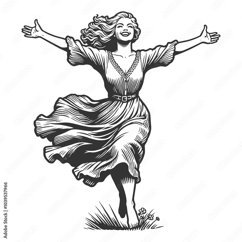 Fototapeta premium joyful woman run with flowing hair, smiling and raising her arms, capturing a sense of freedom, happiness, and energy sketch engraving generative ai raster illustration. Black and white image.