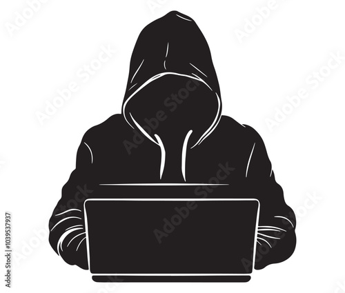 Computer hacker with laptop icon vector illustration silhouette. Hacker working on laptop. Hacker silhouette icon