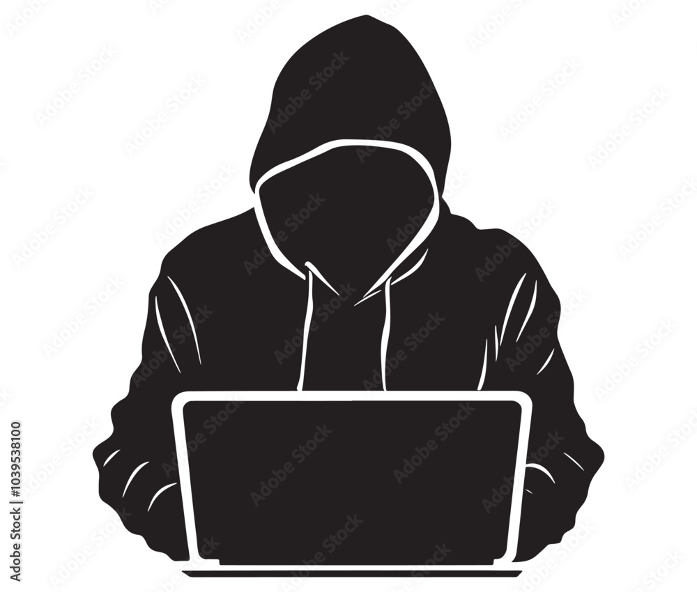 Computer hacker with laptop icon vector illustration silhouette. Hacker working on laptop. Hacker silhouette icon Computer hacker with laptop icon vector illustration silhouette. Hacker working on laptop. Hacker silhouette icon