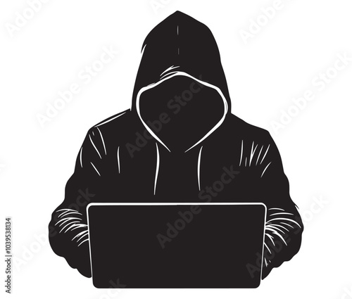 Computer hacker with laptop icon vector illustration silhouette. Hacker working on laptop. Hacker silhouette icon