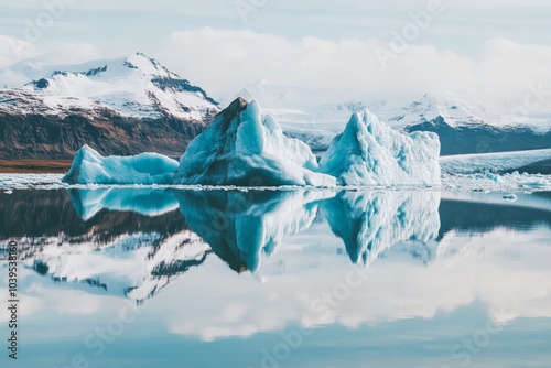 A colossal iceberg stands impressively beneath a broad blue sky, reflected in the calm water below, forming a stunning and vast natural spectacle to behold. photo