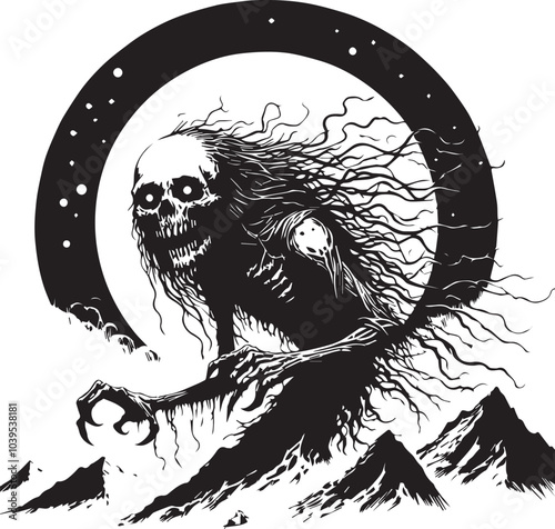 A drawing of a creepy creature with a moon in the background whirt