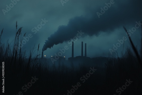 Dusk settles over a silhouetted industrial landscape, with smokestacks emitting a thick plume, creating an atmospheric view that explores industrial themes and moods. photo