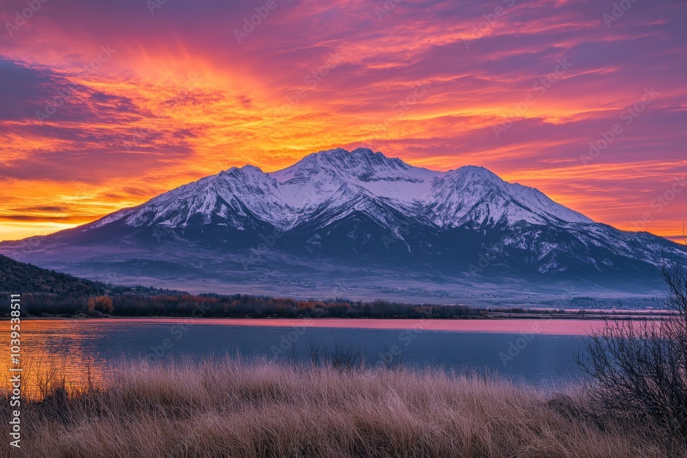 A vivid sunrise enhances the grandeur of a towering snow-covered mountain above a tranquil lake, bathing the scene in golden and pink hues of dawn. A vivid sunrise enhances the grandeur of a towering snow-covered mountain above a tranquil lake, bathing the scene in golden and pink hues of dawn.