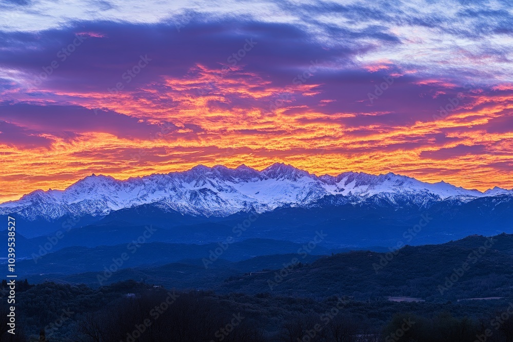 A breathtaking fiery sunset casts vibrant hues over a snow-capped mountain range, contrasting against the darkened valley below in a stunning evening display. A breathtaking fiery sunset casts vibrant hues over a snow-capped mountain range, contrasting against the darkened valley below in a stunning evening display.