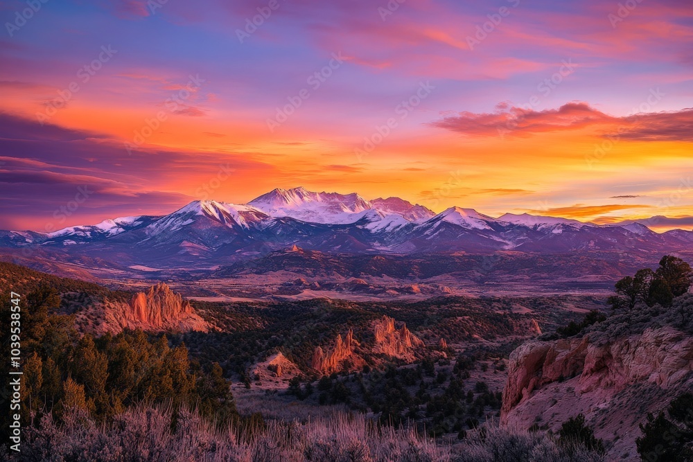 Fototapeta premium A stunning view of snow-capped mountains under a vibrant, multicolored twilight sky, capturing the essence of serene nature and vivid hues in this breathtaking landscape.