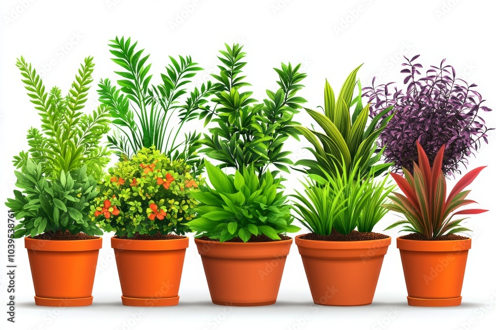 Obraz premium Vibrant assortment of potted indoor plants featuring various tropical species and leafy greens arranged neatly for home gardening and interior design inspiration