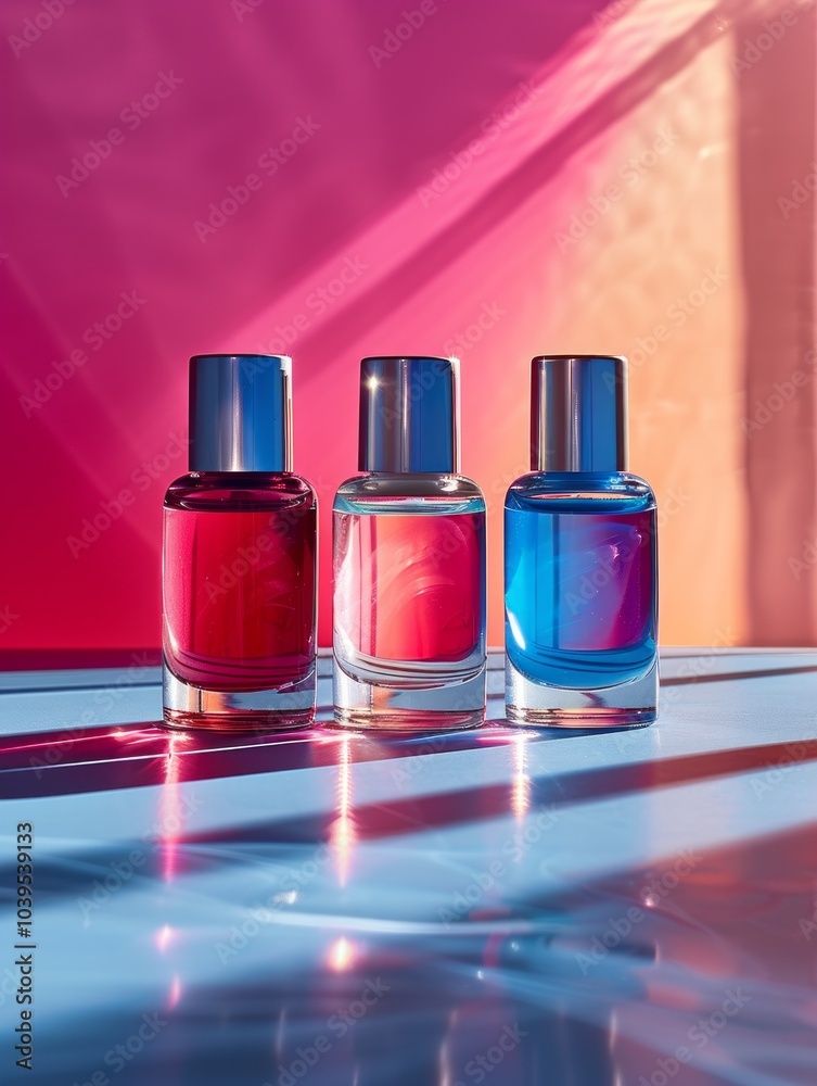 The image shows three bottles of nail polish arranged on a pastel-colored background. The image shows three bottles of nail polish arranged on a pastel-colored background.