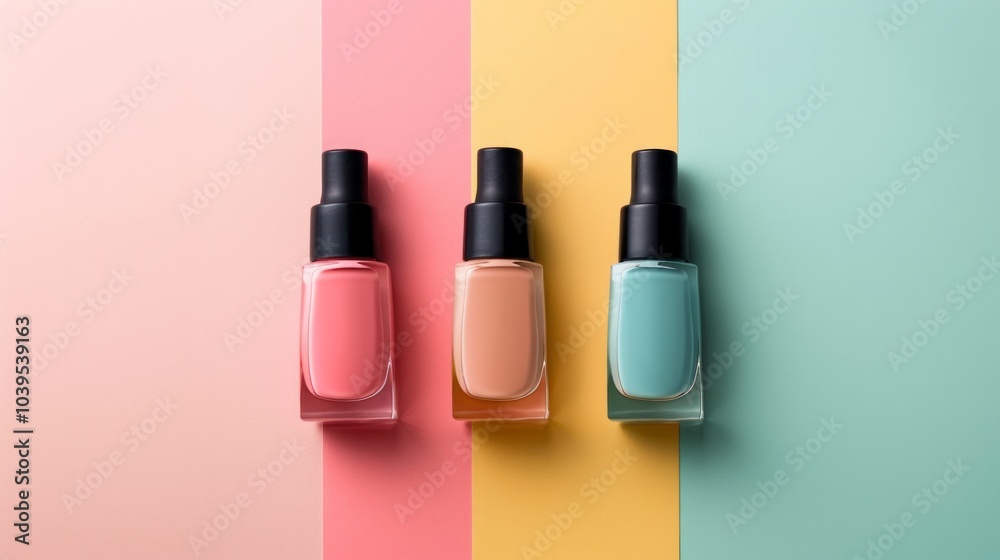 The image shows three bottles of nail polish arranged on a pastel-colored background. The image shows three bottles of nail polish arranged on a pastel-colored background.