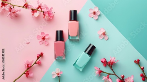 The image shows three bottles of nail polish arranged on a pastel-colored background.