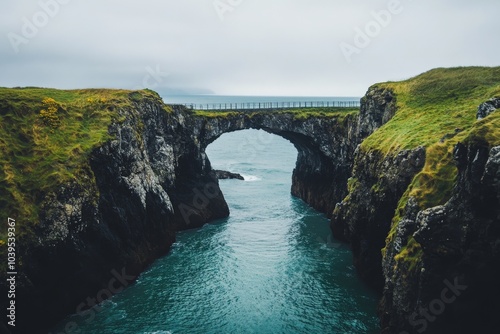 A natural stone formation creates a striking bridge over calm ocean waters, offering a peaceful view of rugged coastal beauty under a cloudy sky. photo