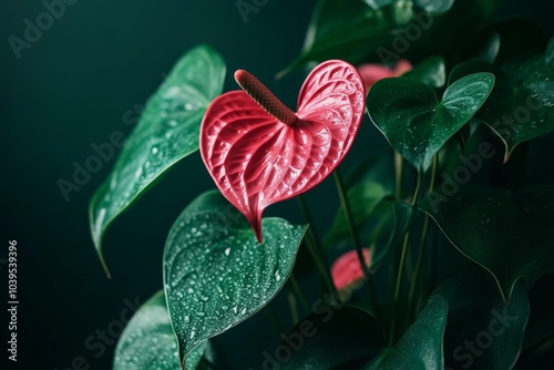 A close-up view of a red anthurium flower with textured, glossy petals and surrounding lush green leaves, highlighting the intricate beauty of plant life. photo