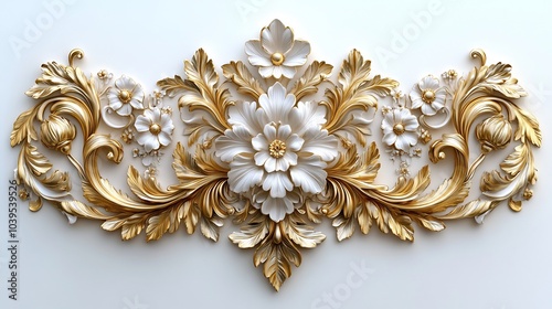 Delicate 3D golden filigree swirling Baroque floral and leaf motifs intricately detailed with rococostyle scrollwork set on a white background for a rich vintage look photo