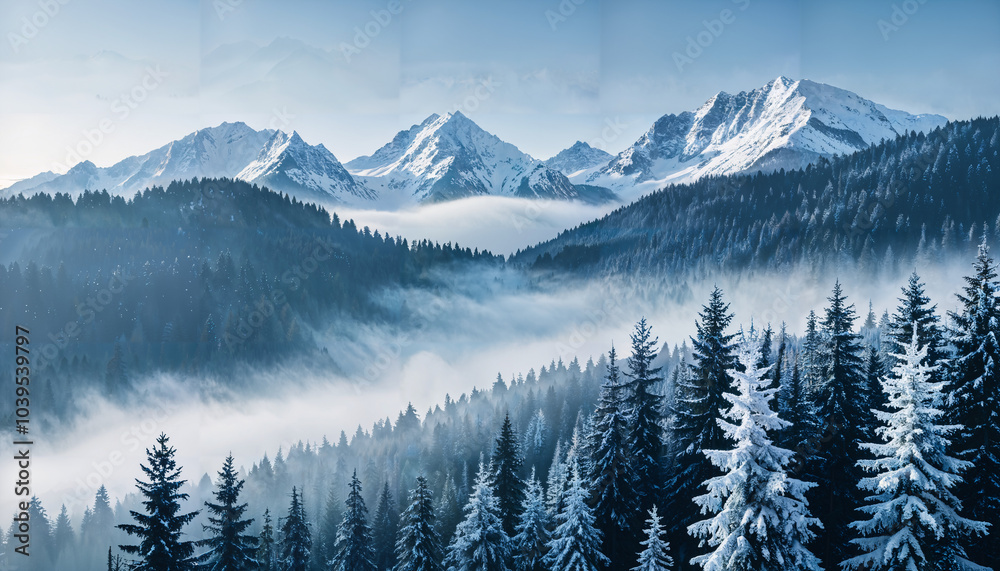 Fototapeta premium Forêt enneigée et montagnes majestueuses