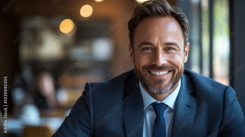 A man in a suit and tie is smiling and looking at the camera. He is confident and happy A man in a suit and tie is smiling and looking at the camera. He is confident and happy