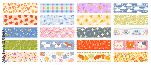 Cute sticky tapes scraps. Decorative baby washi tape pieces. Plaster with funny patterns. Kawaii school stationery. Scrapbook adhesive ribbon. Ripped scotch parts. Recent vector set