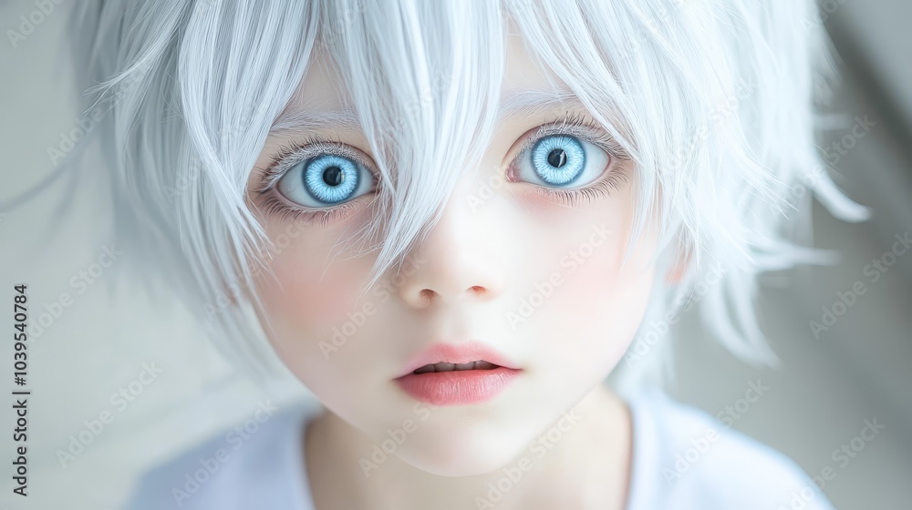 A tight shot of a person with white hair and blue eyes, wearing a white T-shirt with a crisp white collar A tight shot of a person with white hair and blue eyes, wearing a white T-shirt with a crisp white collar