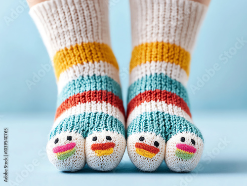 Vibrant closeup of striped socks with colorful toe separators for unique footwear style