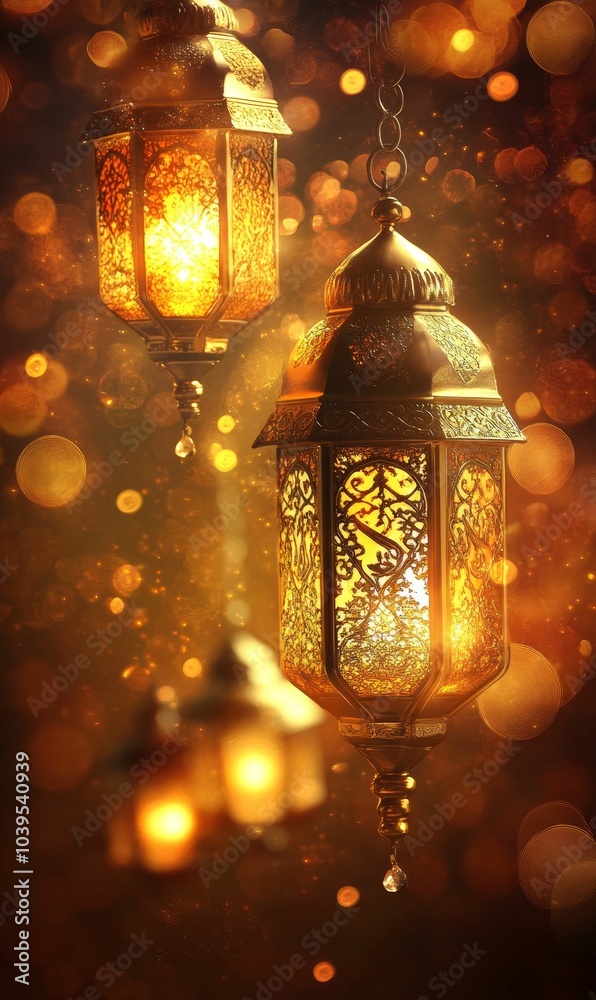 Ornate gold lanterns with light glow on dark background. Ornate gold lanterns with light glow on dark background.