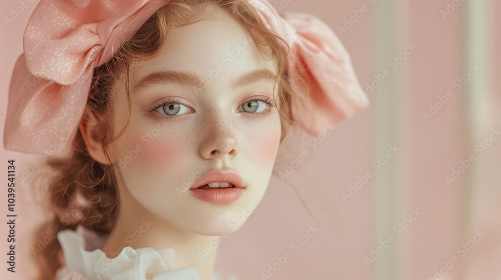 Elegant portrait of young woman with pink bow and delicate makeup embracing coquette style and femininity in girlhood and beauty lifestyle Elegant portrait of young woman with pink bow and delicate makeup embracing coquette style and femininity in girlhood and beauty lifestyle