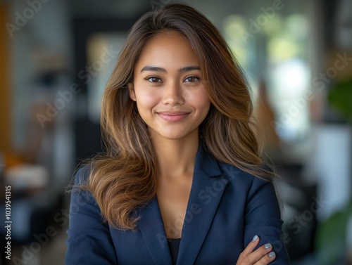 Young cambodian businesswoman smiling with arms crossed