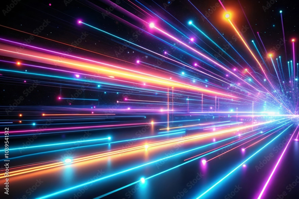 Obraz premium Input generative AI tools to create neon futuristic flashes on a black background. Motion light lines backdrop. For banners, postcards, illustrations