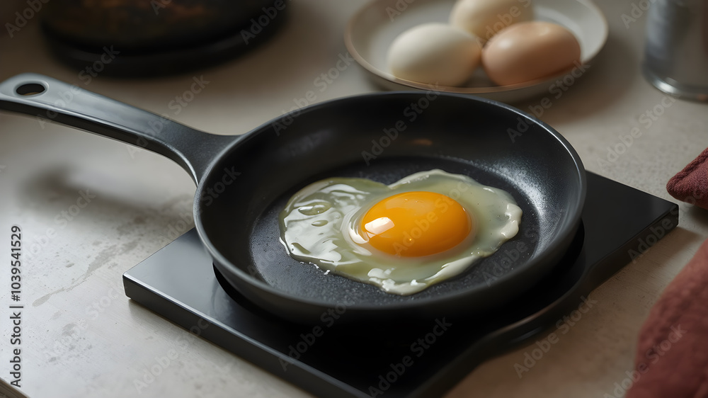 fried egg in heart shape on black nonstick pan - Ai generated fried egg in heart shape on black nonstick pan - Ai generated