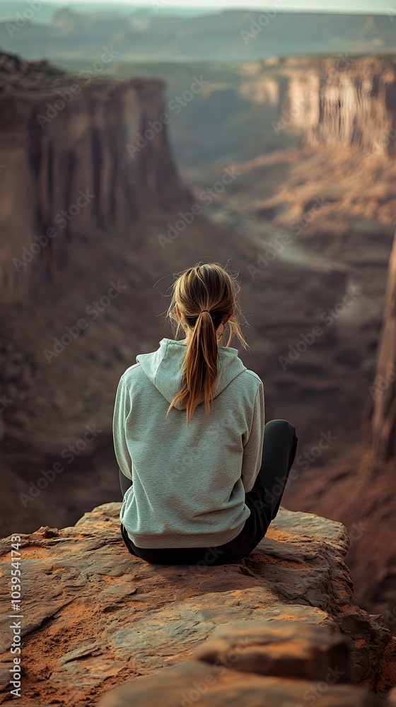 Woman Sitting on Cliff Edge Looking at Canyon View Woman Sitting on Cliff Edge Looking at Canyon View