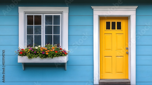 A yellow door with a white trim sits in front of a blue house. The house has a window with a flower box in front of it. Scene is cheerful and inviting