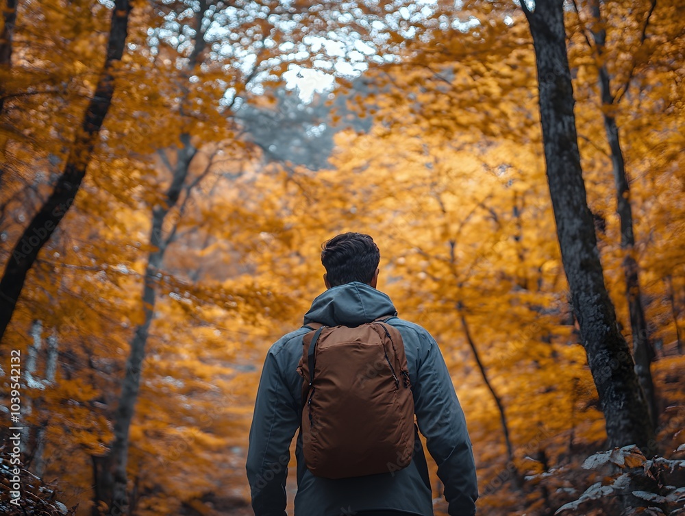 Man Hiking Through Autumn Forest with Backpack Man Hiking Through Autumn Forest with Backpack