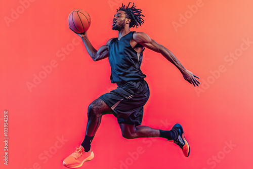 Basketball Player in Mid-Air with a Focused Expression photo