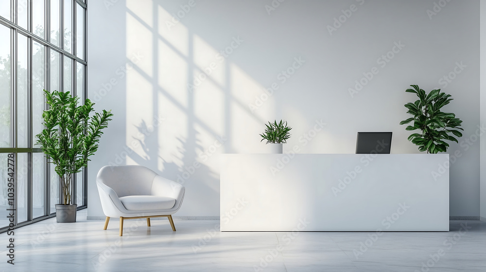 Clean modern office reception with natural light and minimalist design Clean modern office reception with natural light and minimalist design